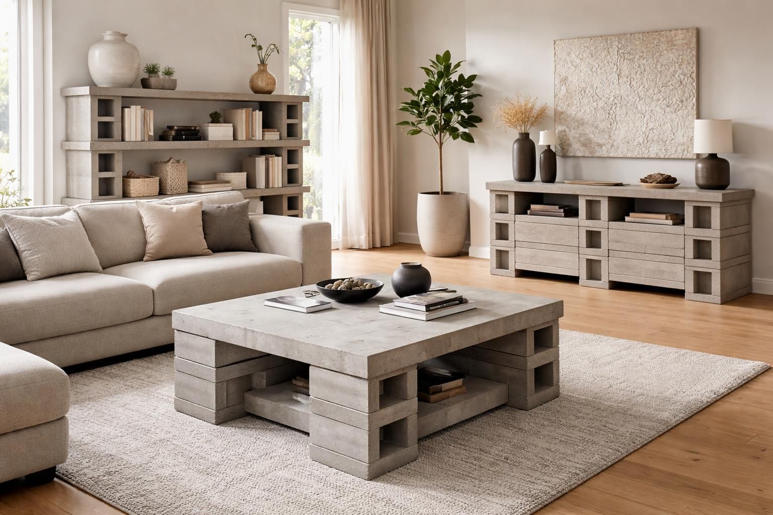 découvrez nos créations originales de mobilier en parpaing alliant robustesse et design pour un intérieur unique et durable.