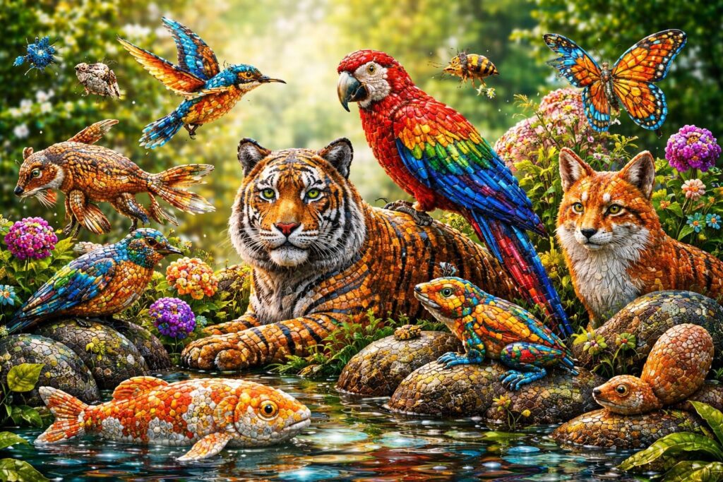 découvrez l'art vivant et coloré des créatures en mosaïque, où chaque pièce raconte une histoire unique pleine de créativité et de passion.