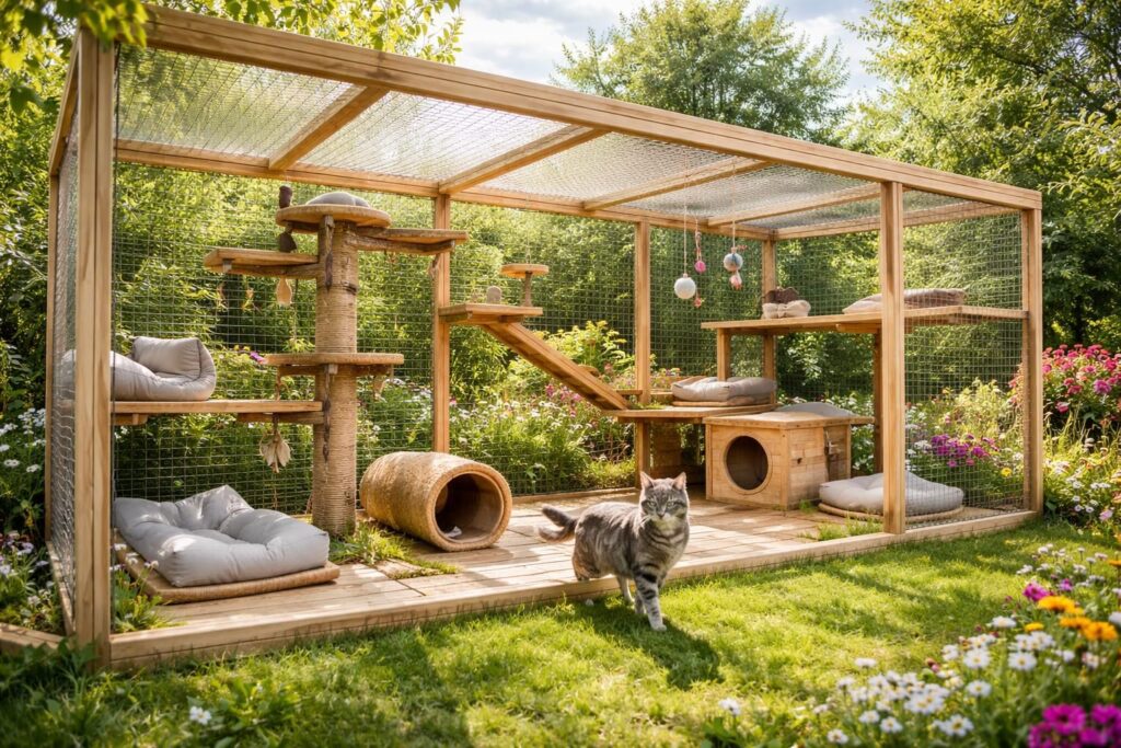 découvrez comment créer une aire de jeu sécurisée et un enclos extérieur parfait pour que votre chat s'amuse en toute sécurité à l'extérieur.