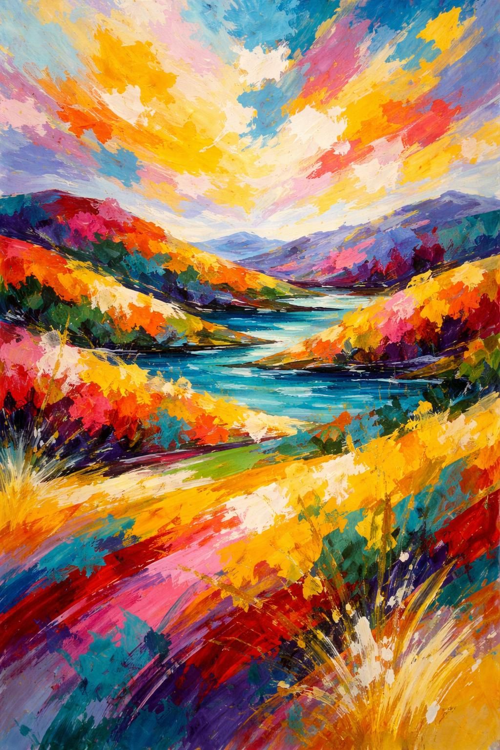 découvrez une exploration artistique unique où les paysages traditionnels sont réinventés à travers la peinture abstraite, mêlant couleurs et formes pour éveiller votre imagination.