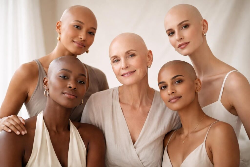 découvrez la beauté unique et la force inspirante des femmes sans cheveux, célébrant leur confiance et leur authenticité avec élégance.