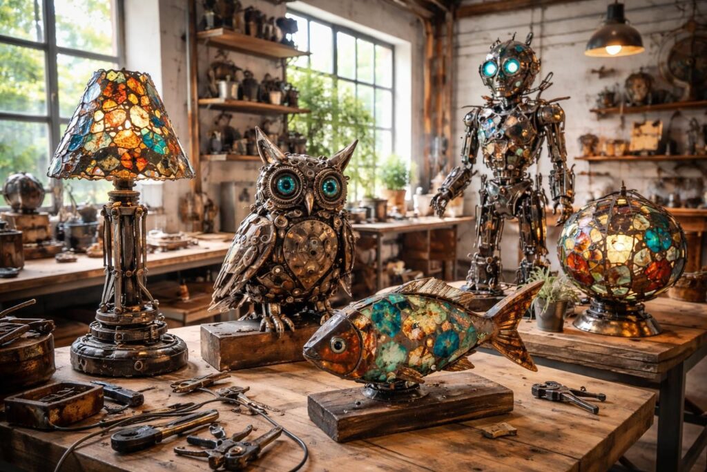 découvrez des inventions artistiques uniques réalisées à partir de matériaux recyclés, alliant créativité et respect de l'environnement.