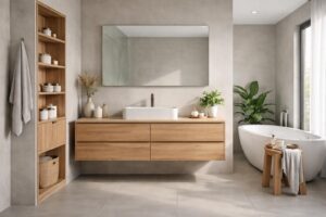 découvrez comment créer une salle de bains élégante en mariant le gris contemporain à la chaleur naturelle du bois pour une harmonie parfaite.