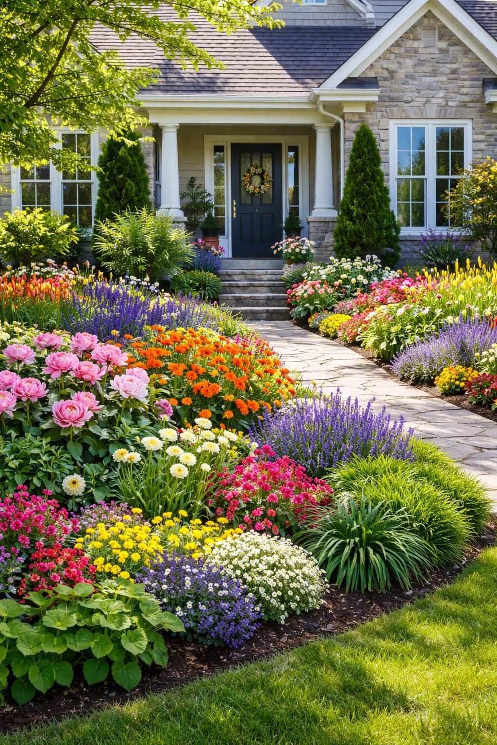 découvrez comment sublimer l'entrée de votre maison avec un magnifique massif de fleurs pour un éclat floral chaleureux et accueillant.