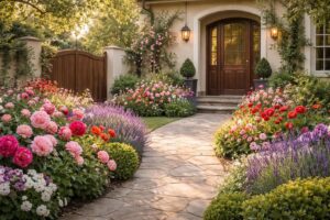 découvrez comment sublimer l'entrée de votre maison avec un magnifique massif de fleurs, pour un éclat floral qui accueille chaleureusement vos invités.