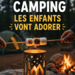 Enfants jouant autour du feu de camp lors d'un camping en famille.