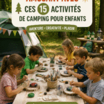 Un groupe d'enfants jouant à des activités de camping dans la nature.