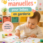 Un groupe de bébés en garderie travaillant sur des activités manuelles, entourés de matériaux colorés et créatifs.