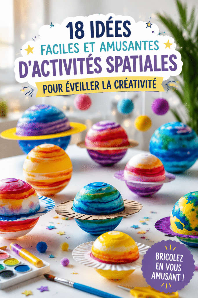 Un enfant en train de créer un vaisseau spatial en carton avec des accessoires colorés dans un cadre amusant.