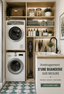 Buanderie moderne avec des rangements sur mesure.