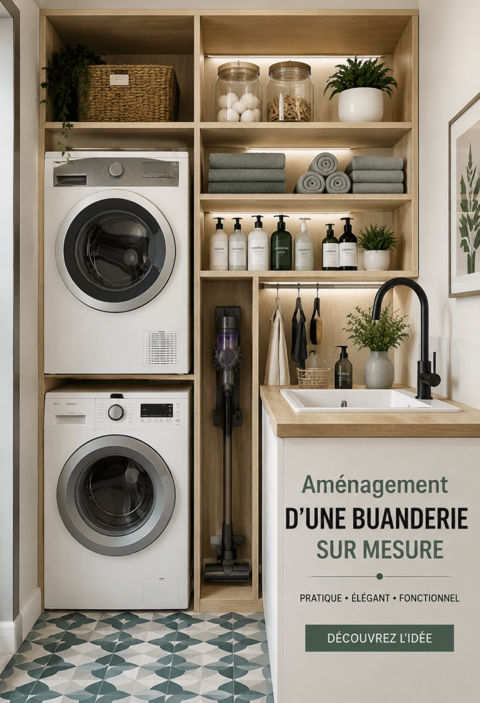 Buanderie moderne avec des rangements sur mesure.