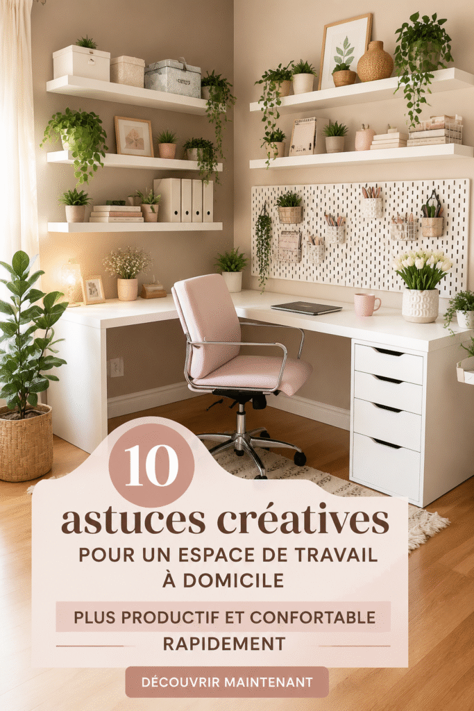 Bureau à domicile aménagé avec goût, avec un éclairage approprié et une chaise confortable.