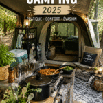Campement aménagé avec tente, équipement de camping et décoration naturelle, illustrant un setup idéal en 2025.