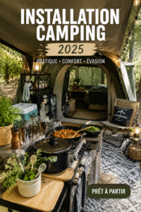 Campement aménagé avec tente, équipement de camping et décoration naturelle, illustrant un setup idéal en 2025.