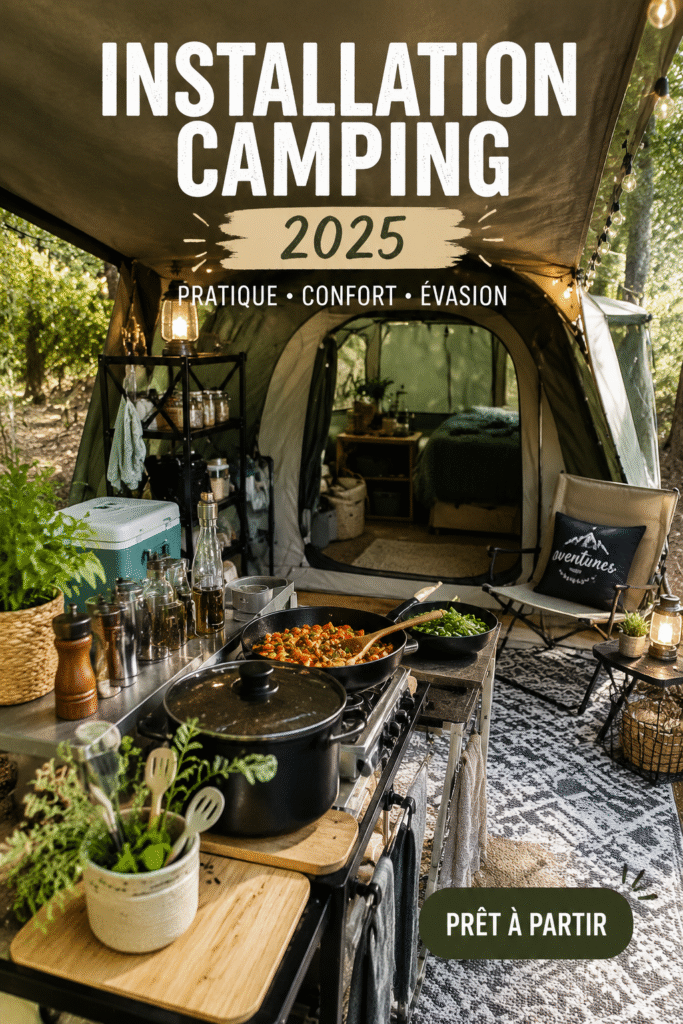 Campement aménagé avec tente, équipement de camping et décoration naturelle, illustrant un setup idéal en 2025.