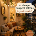 Petit balcon aménagé avec des plantes et des meubles confortables, créant un espace de détente.