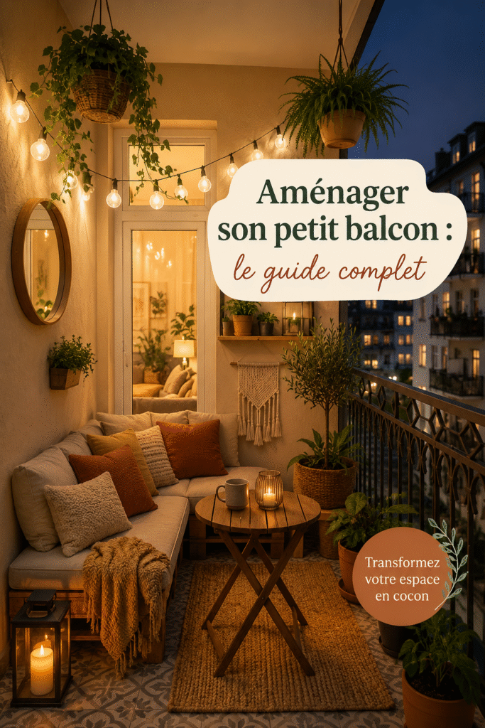 Petit balcon aménagé avec des plantes et des meubles confortables, créant un espace de détente.