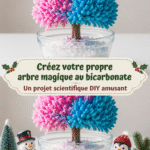 Un arbre créé avec du bicarbonate de soude et colorant, en train de grandir.