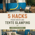 Tente glamping bien aménagée avec des lumières et des coussins confortables.
