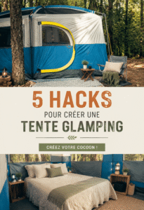 Tente glamping bien aménagée avec des lumières et des coussins confortables.
