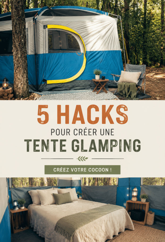 Tente glamping bien aménagée avec des lumières et des coussins confortables.