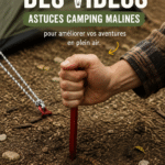 Personne camping autour d'un feu de camp avec des astuces de camping en arrière-plan.