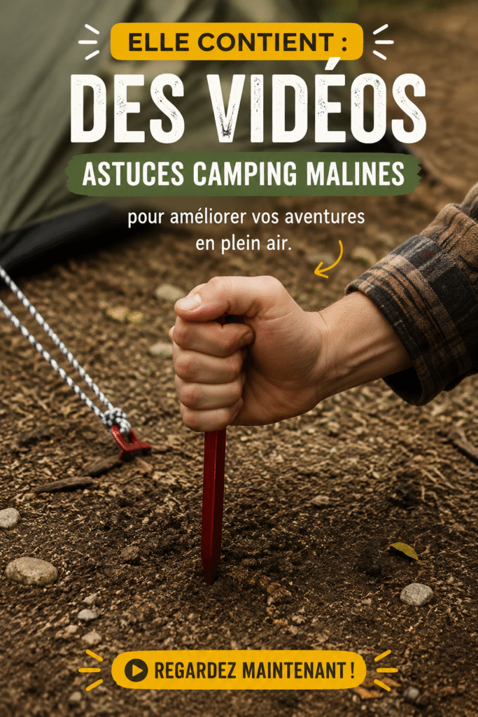 Personne camping autour d'un feu de camp avec des astuces de camping en arrière-plan.