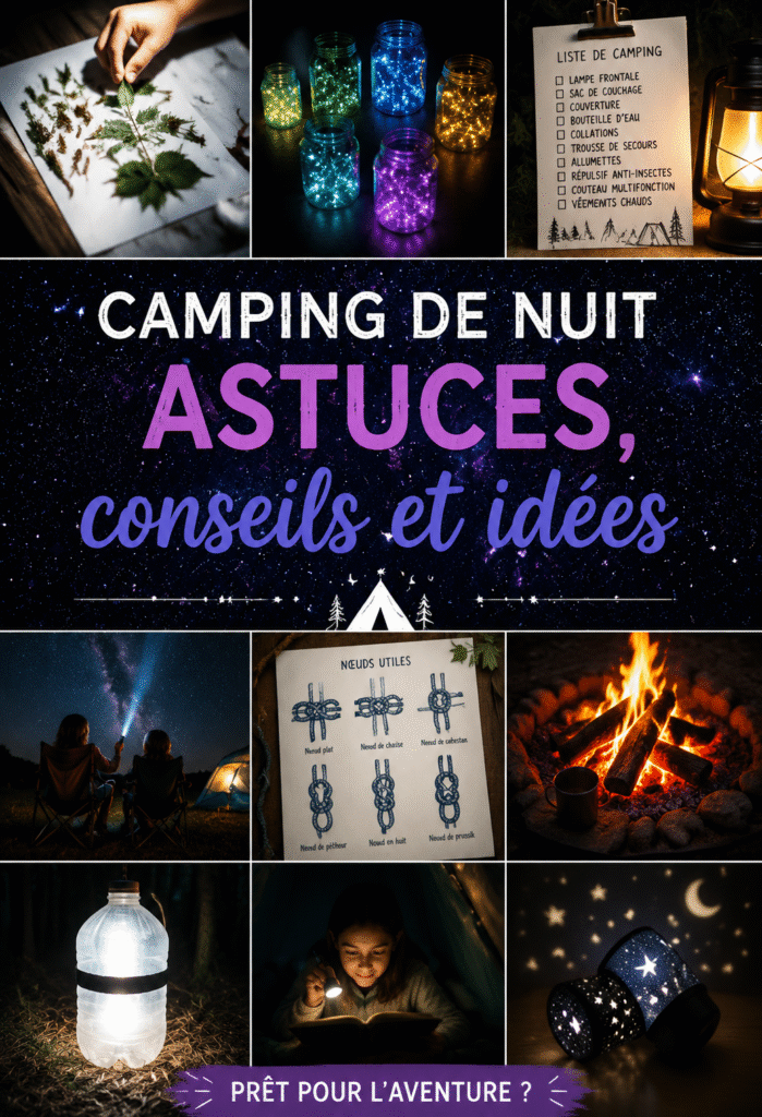 Personnes profitant d'une nuit de camping sous les étoiles avec un feu de camp.