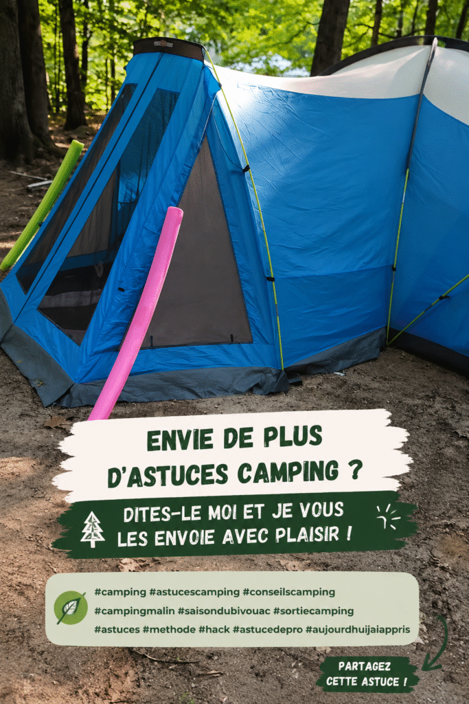 Une tente de camping installée dans la nature avec des équipements de camping bien organisés.