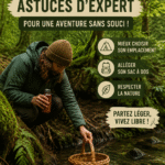 Un campeur monte sa tente au milieu de la nature lors d'un camping sauvage.