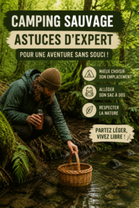 Un campeur monte sa tente au milieu de la nature lors d'un camping sauvage.
