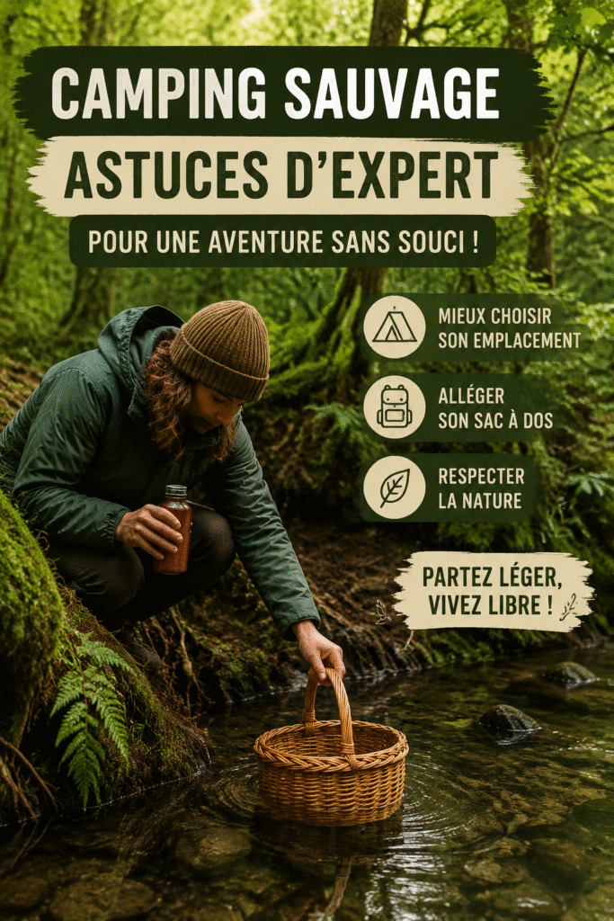 Un campeur monte sa tente au milieu de la nature lors d'un camping sauvage.