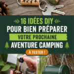 Un groupe de personnes en camping entouré de nature avec des équipements de camping DIY autour d'eux.