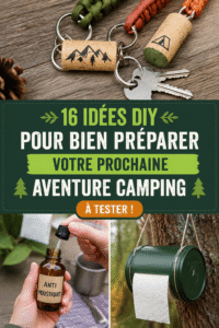 Un groupe de personnes en camping entouré de nature avec des équipements de camping DIY autour d'eux.