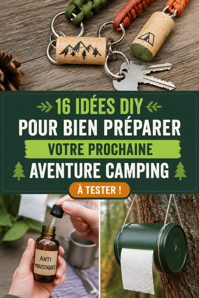 Un groupe de personnes en camping entouré de nature avec des équipements de camping DIY autour d'eux.