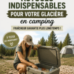 Groupe d'amis en camping avec une glacière bien organisée