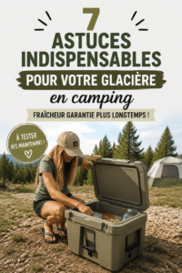 Groupe d'amis en camping avec une glacière bien organisée