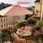 Un balcon fleuri d'été avec de nombreuses plantes colorées et un mobilier confortable.