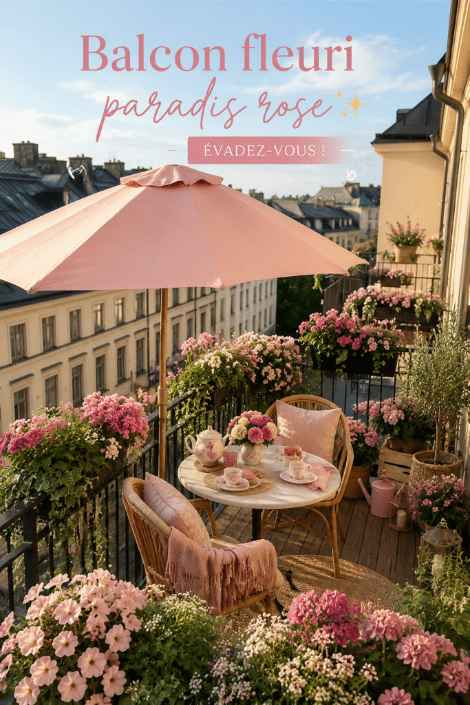 Un balcon fleuri d'été avec de nombreuses plantes colorées et un mobilier confortable.