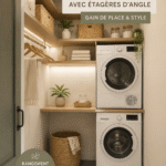 Buanderie moderne avec étagères d'angle pratiques et organisées