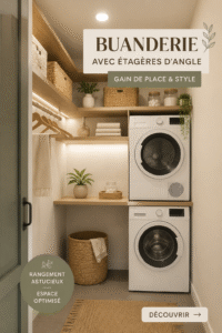 Buanderie moderne avec étagères d'angle pratiques et organisées