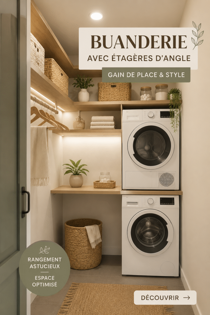 Buanderie moderne avec étagères d'angle pratiques et organisées