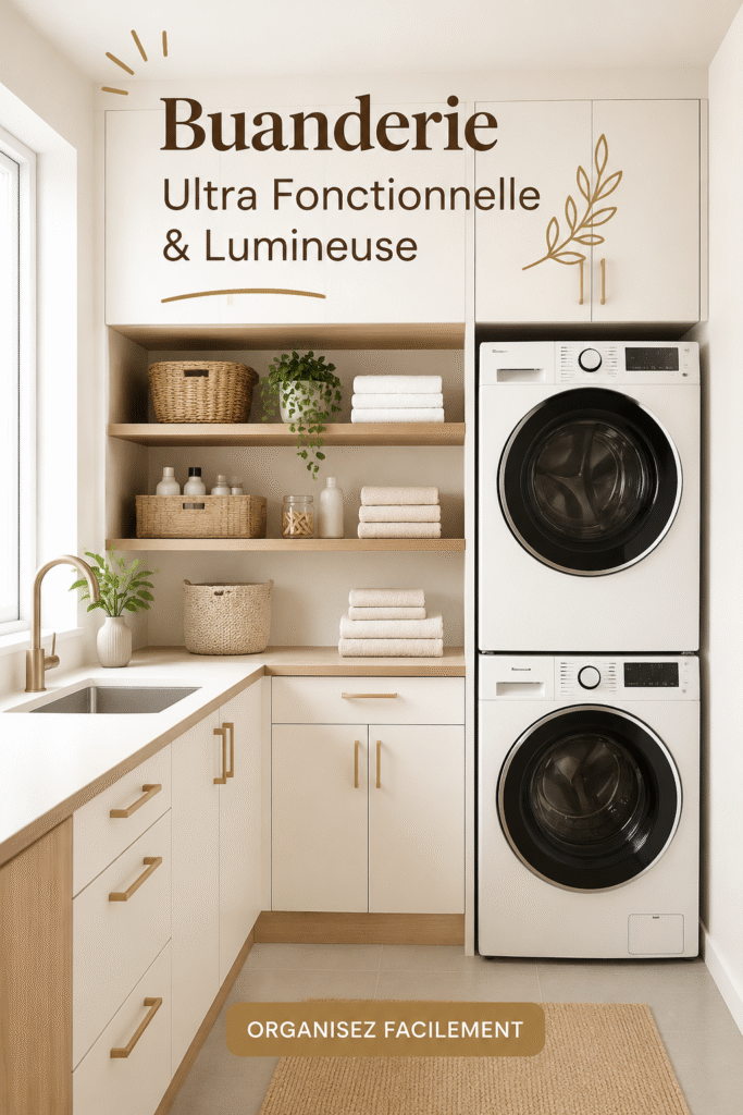 Buanderie fonctionnelle et lumineuse avec des rangements pratiques.