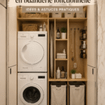 Un coin buanderie organisé avec des étagères et des paniers en osier.