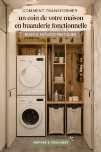 Un coin buanderie organisé avec des étagères et des paniers en osier.