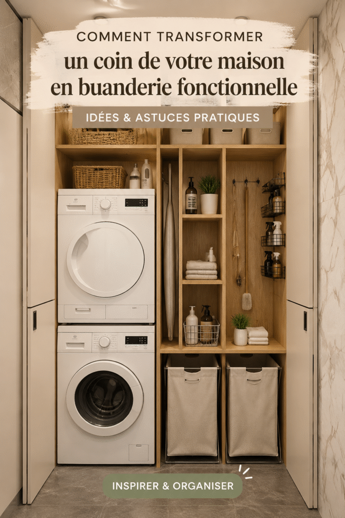Un coin buanderie organisé avec des étagères et des paniers en osier.