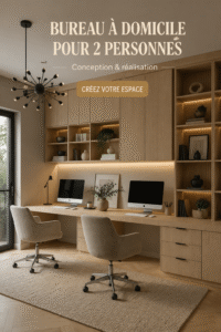 Aménagement d'un bureau partagé pour couples, avec deux bureaux côte à côte dans une pièce lumineuse.