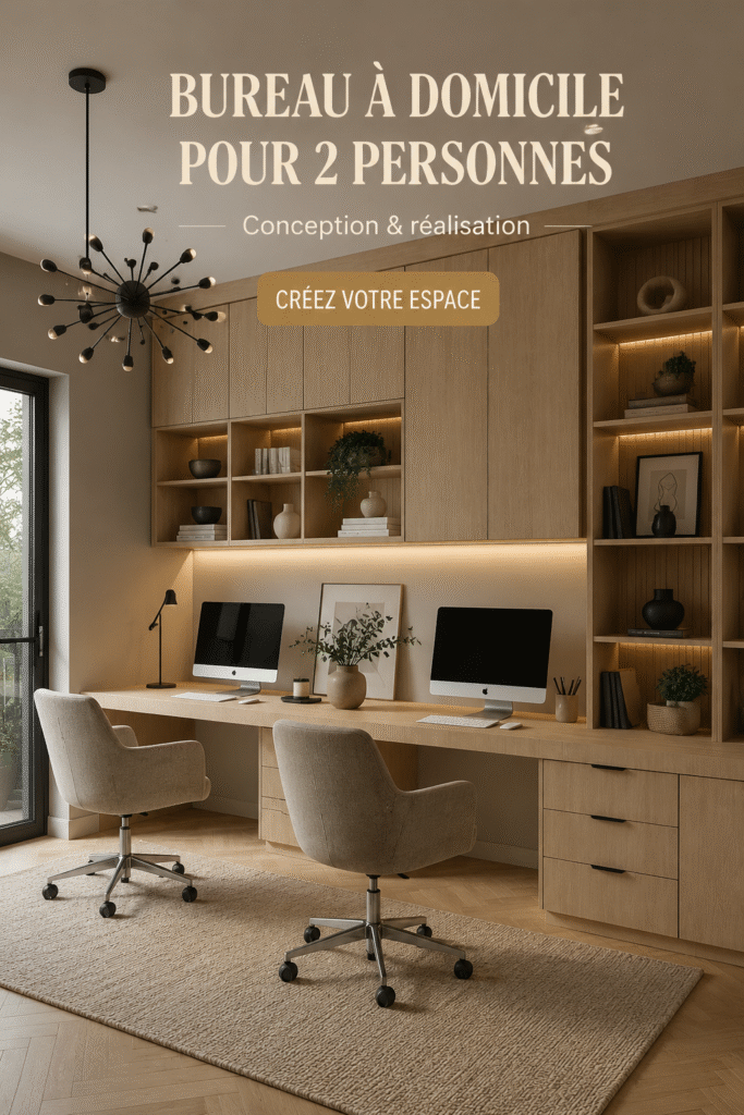 Aménagement d'un bureau partagé pour couples, avec deux bureaux côte à côte dans une pièce lumineuse.