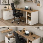 Bureau en angle panoramique en bois et blanc, agréable et fonctionnel