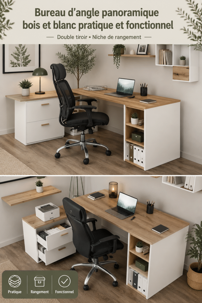 Bureau en angle panoramique en bois et blanc, agréable et fonctionnel